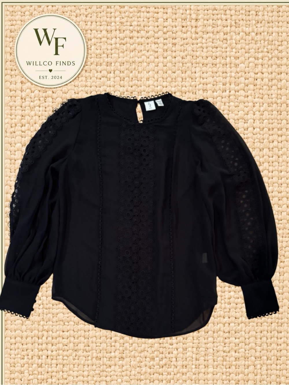 Joie Women’s Black Lace Trim Blouse XS Sheer Long Sleeve Romantic Boho Top